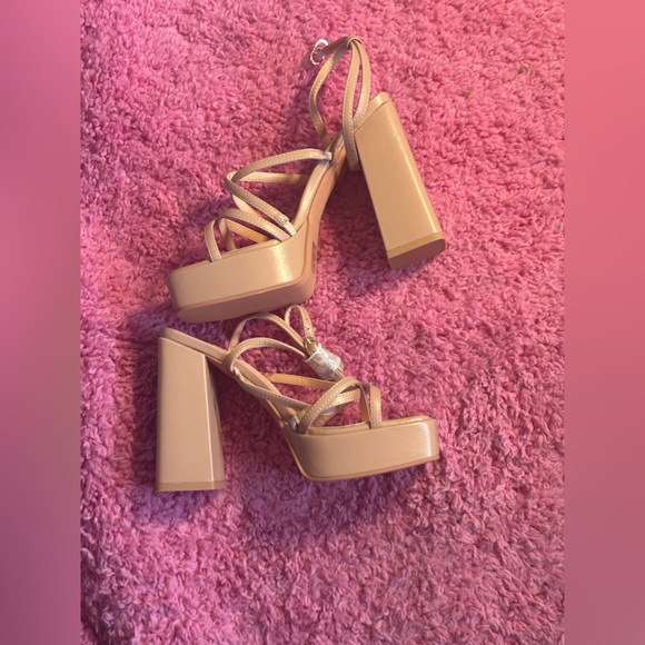 Dolls Kill Shoes - ISNOM Tan Faux Leather Strappy Block chunky platform heels